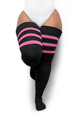 Plus Size Thigh High Socks in Black with Pink Stripes