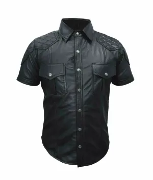 Real Black Leather Police Uniform Style Shirt