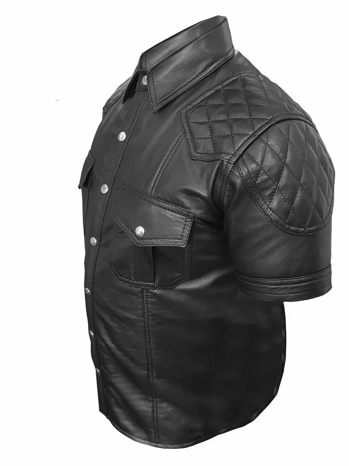 Real Black Leather Police Uniform Style Shirt