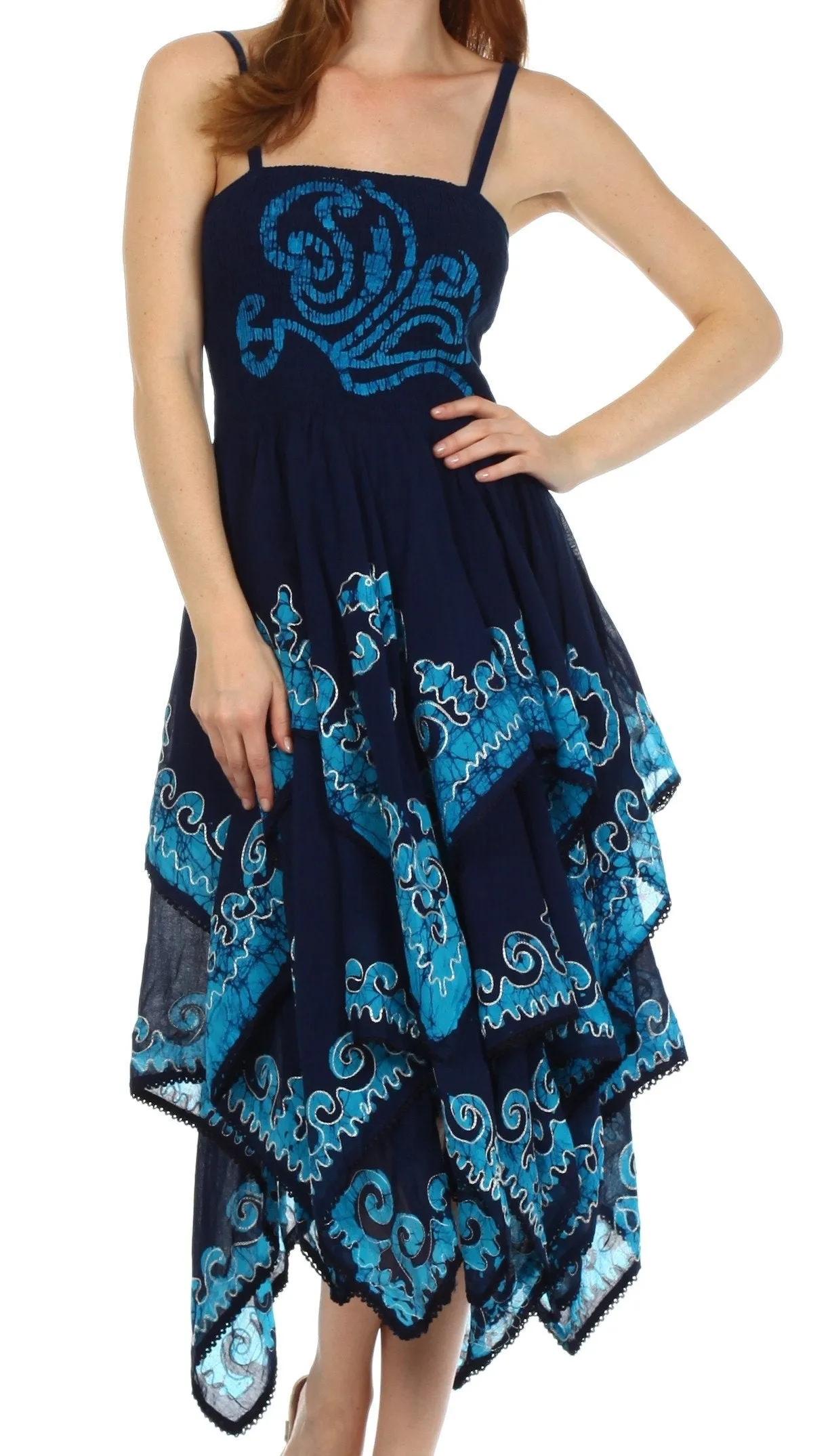 Sakkas Batik Smocked Bodice Handkerchief Hem Dress