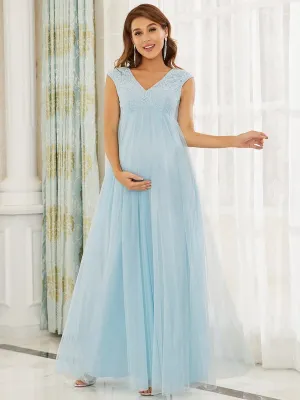 Simple Sleeveless Embroidered Maxi Maternity Dress