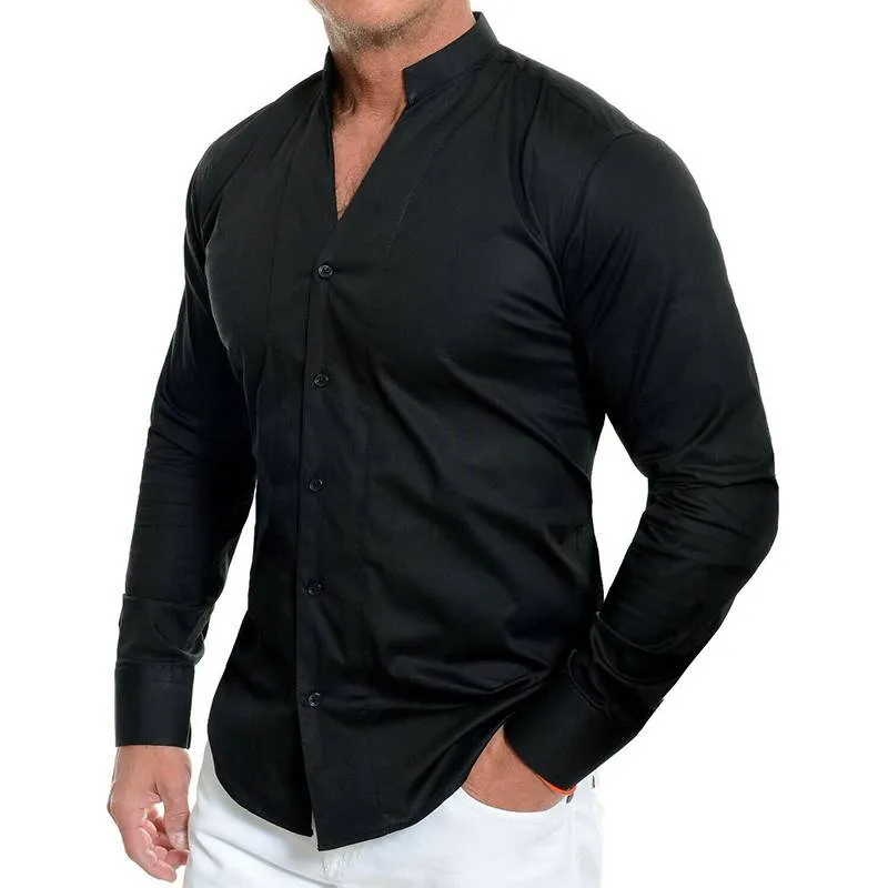 Solid Slim Black White Long Sleeve V Neck Breathable Casual Men Shirts