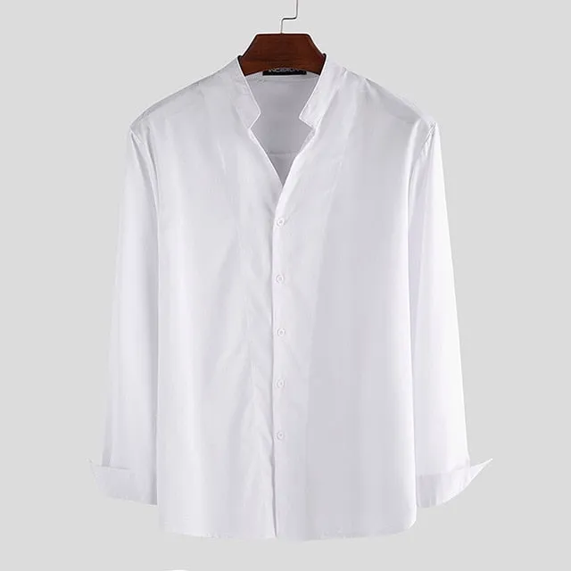 Solid Slim Black White Long Sleeve V Neck Breathable Casual Men Shirts