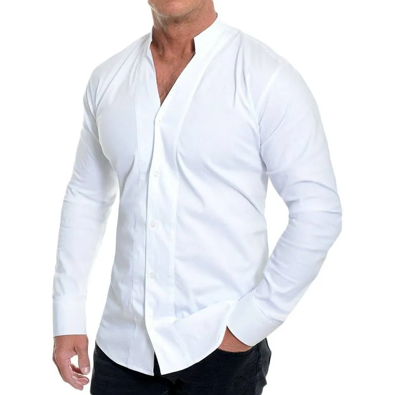 Solid Slim Black White Long Sleeve V Neck Breathable Casual Men Shirts