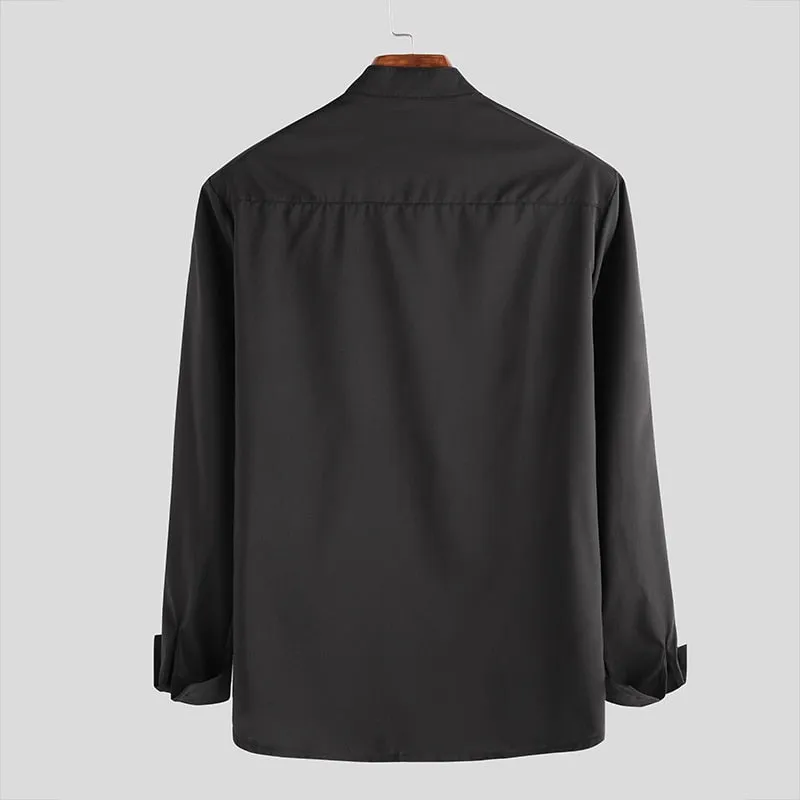 Solid Slim Black White Long Sleeve V Neck Breathable Casual Men Shirts