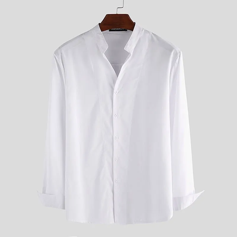 Solid Slim Black White Long Sleeve V Neck Breathable Casual Men Shirts