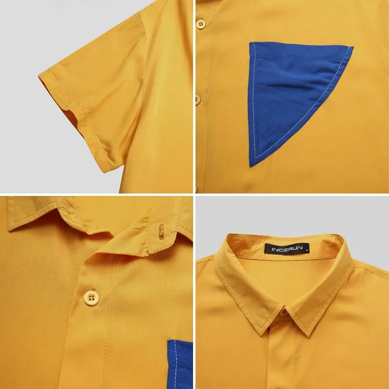 Solid Yellow Mini Patchwork Pocketed Shirts