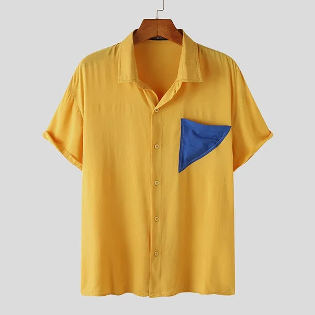 Solid Yellow Mini Patchwork Pocketed Shirts