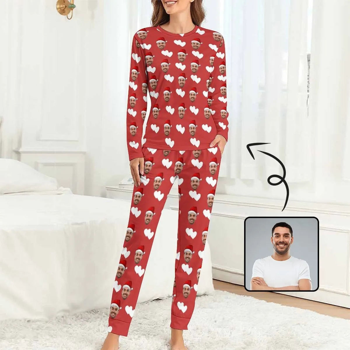 Special Christmas Sale Custom Boyfriend Face Pajamas Love Heart Christmas Hat Sleepwear Personalized Women's Crewneck Long Pajamas Set