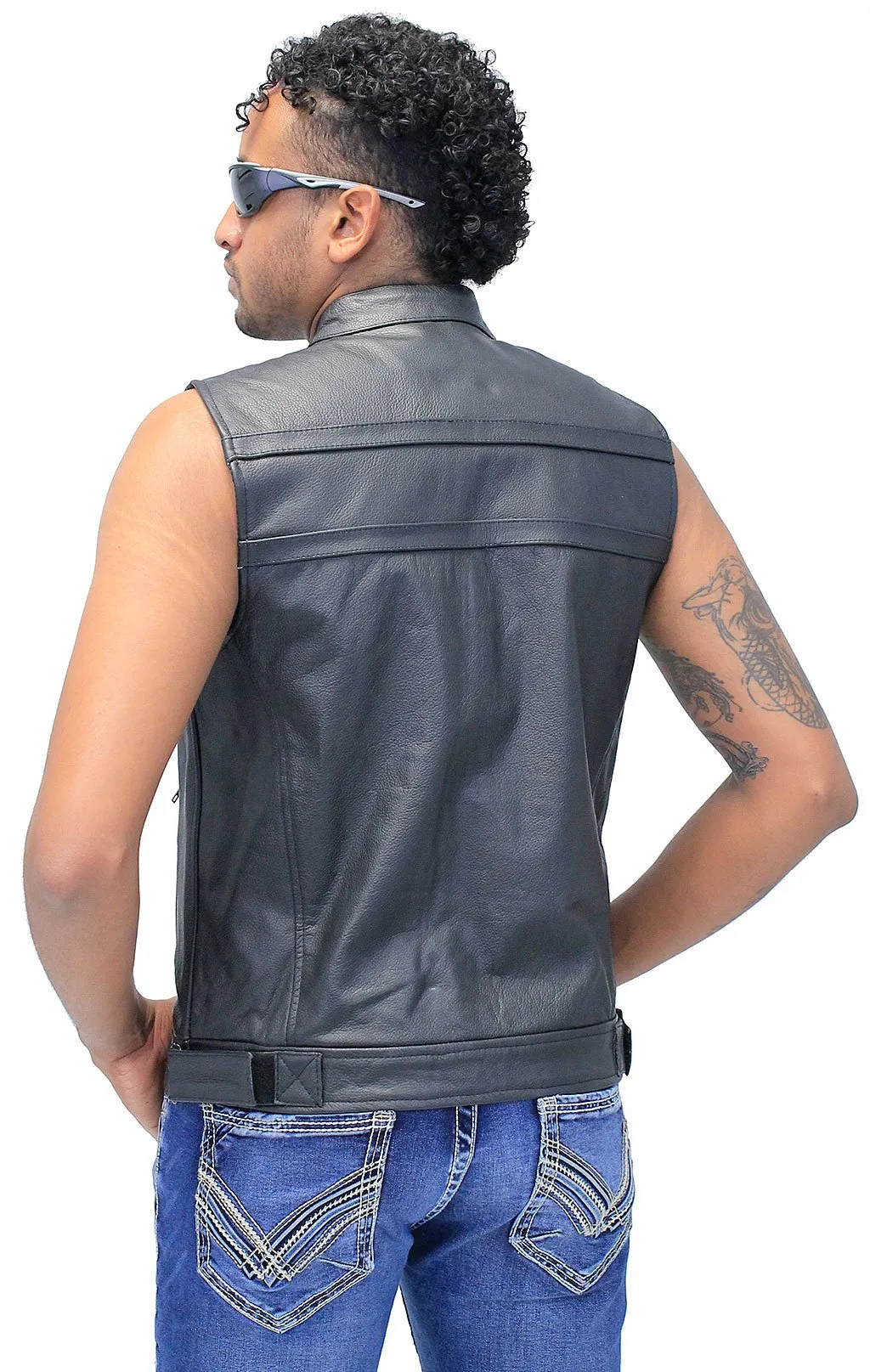 Striped Zip Front Men's Leather Vest #VM1366Z ()