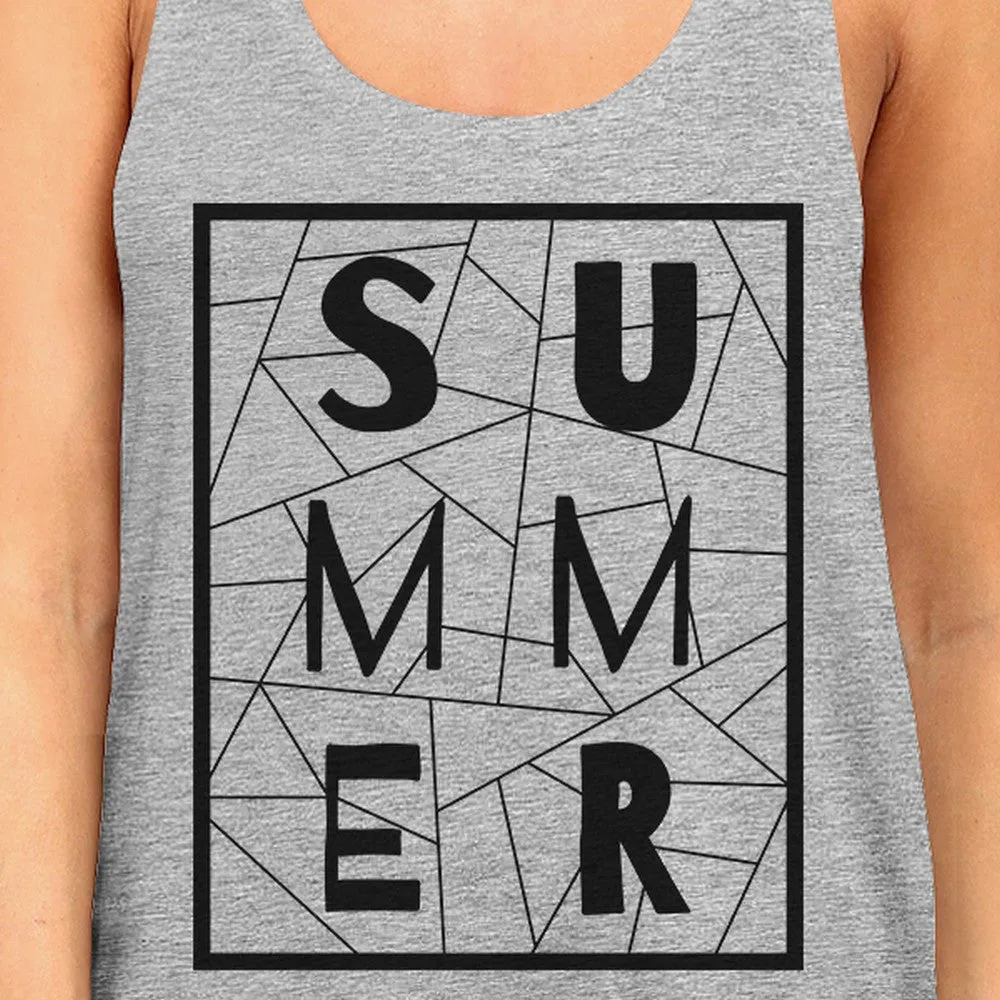 Summer Geometric Womens Grey Sleeveless Tee Trendy Lettering Tanks