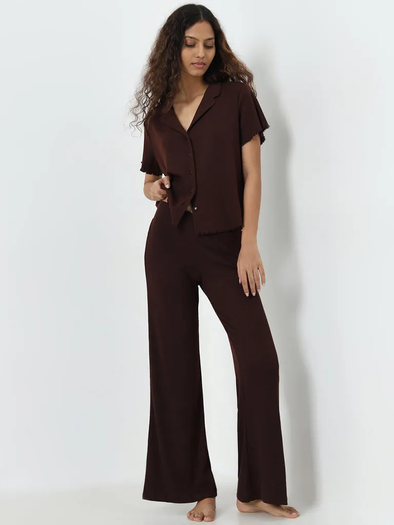 Superstar Dark Brown Ribbed Textured High-Rise Lounge Pants