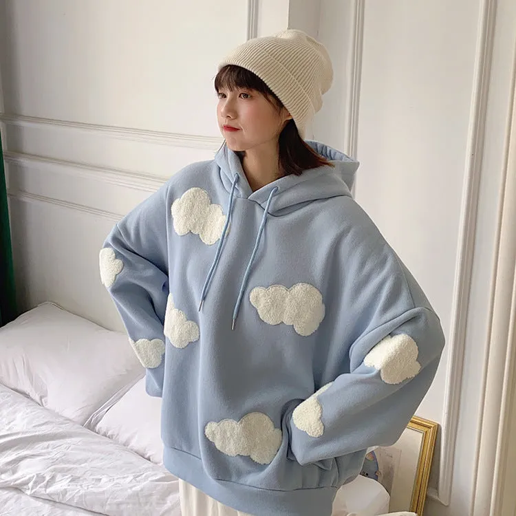 Thick Hooded Sweatshirt Women Korean Three Dimensional Blue White Trendy Loose Young Look Tops Outerwear