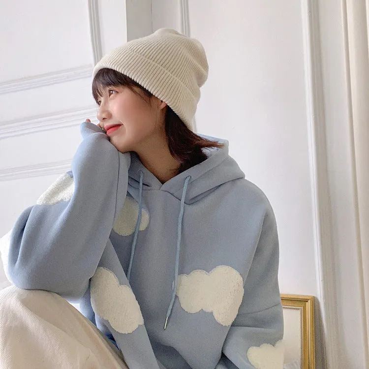 Thick Hooded Sweatshirt Women Korean Three Dimensional Blue White Trendy Loose Young Look Tops Outerwear