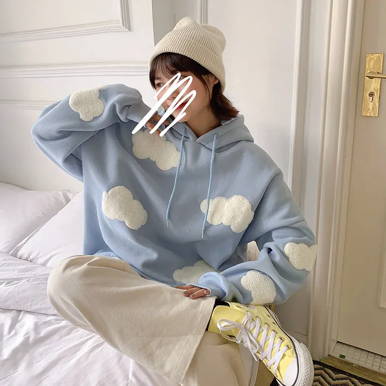 Thick Hooded Sweatshirt Women Korean Three Dimensional Blue White Trendy Loose Young Look Tops Outerwear