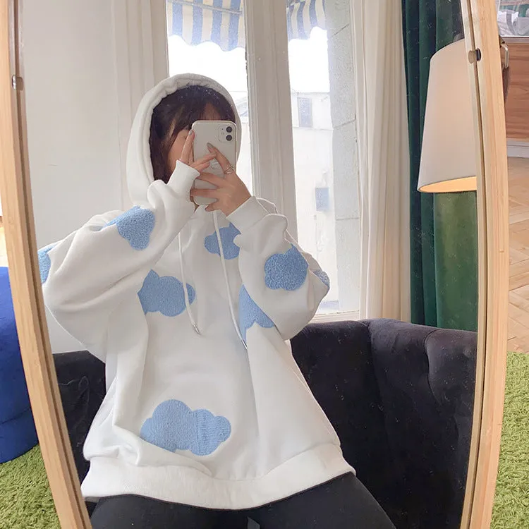 Thick Hooded Sweatshirt Women Korean Three Dimensional Blue White Trendy Loose Young Look Tops Outerwear