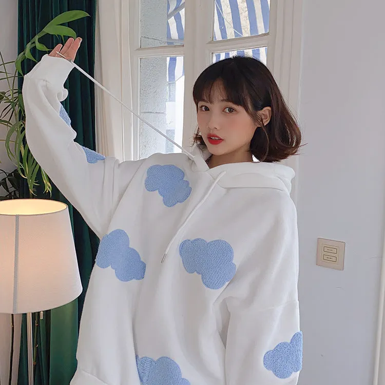 Thick Hooded Sweatshirt Women Korean Three Dimensional Blue White Trendy Loose Young Look Tops Outerwear