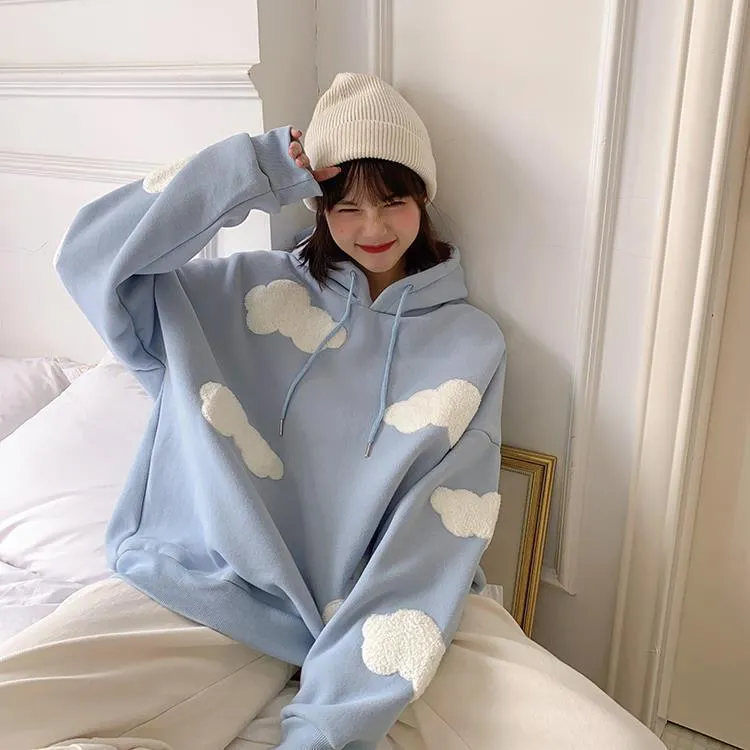 Thick Hooded Sweatshirt Women Korean Three Dimensional Blue White Trendy Loose Young Look Tops Outerwear