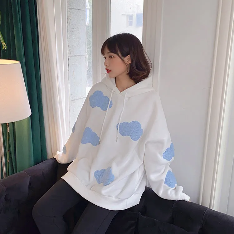 Thick Hooded Sweatshirt Women Korean Three Dimensional Blue White Trendy Loose Young Look Tops Outerwear