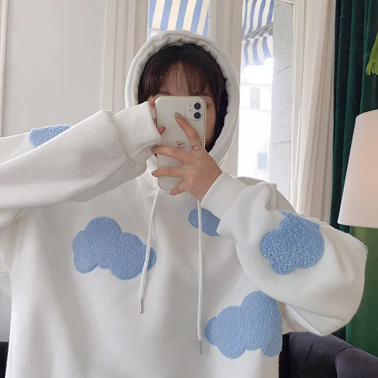 Thick Hooded Sweatshirt Women Korean Three Dimensional Blue White Trendy Loose Young Look Tops Outerwear