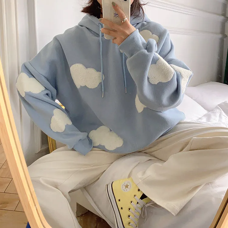 Thick Hooded Sweatshirt Women Korean Three Dimensional Blue White Trendy Loose Young Look Tops Outerwear