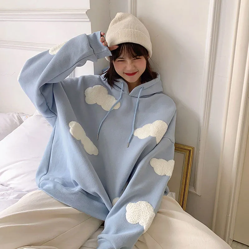 Thick Hooded Sweatshirt Women Korean Three Dimensional Blue White Trendy Loose Young Look Tops Outerwear