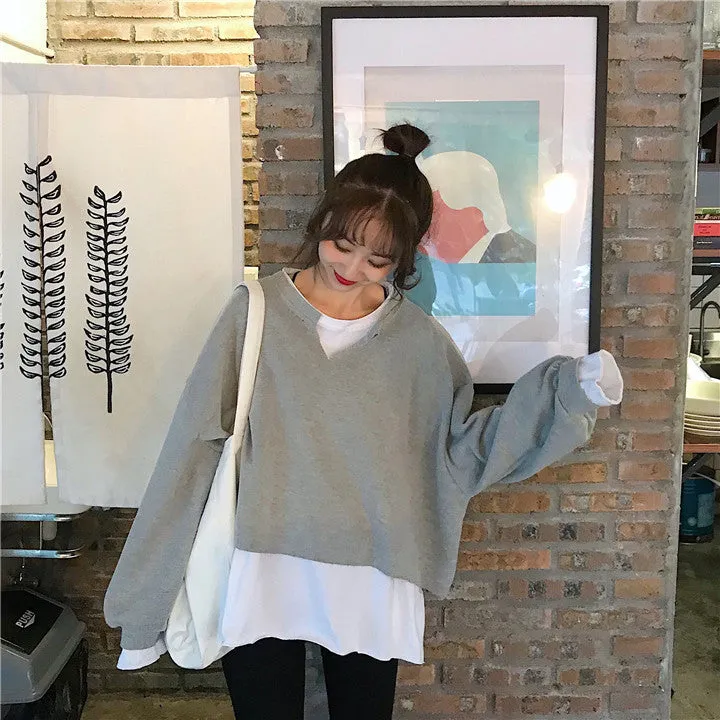 Trendy False Two-Piece Sweatshirt Women Korean Loose All-Matching Niche Outerwear