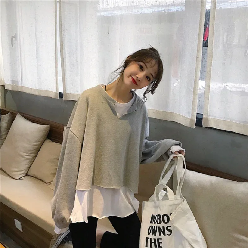 Trendy False Two-Piece Sweatshirt Women Korean Loose All-Matching Niche Outerwear