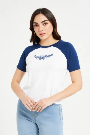 Women Blue And White Raglan Printed T-Shirt