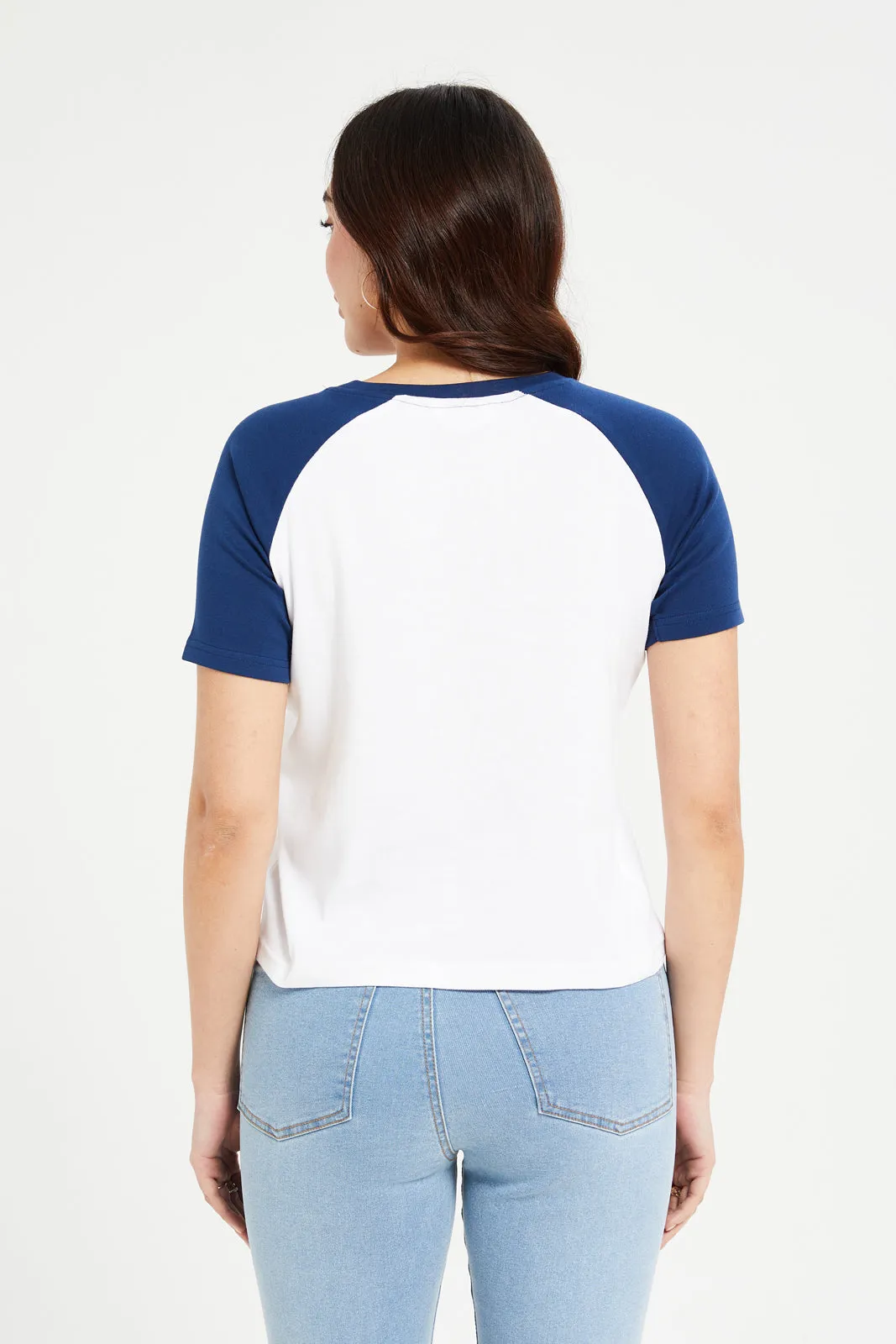 Women Blue And White Raglan Printed T-Shirt