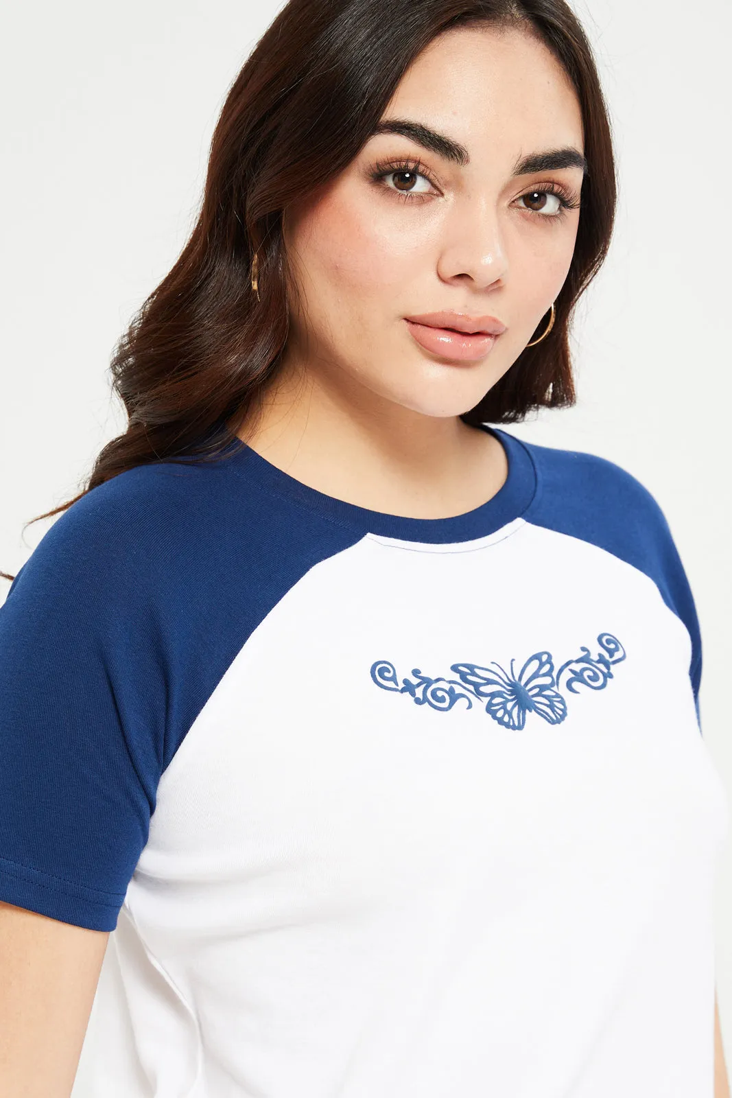 Women Blue And White Raglan Printed T-Shirt