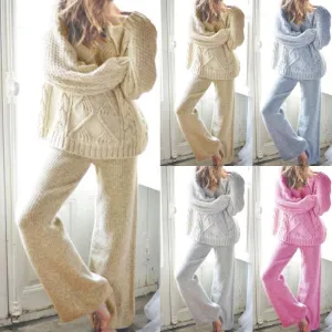 Women Girl Fashion Cute Soft Woolen Pajamas Set Sweet Striped Plush Homewear Sleepwear Nightgown