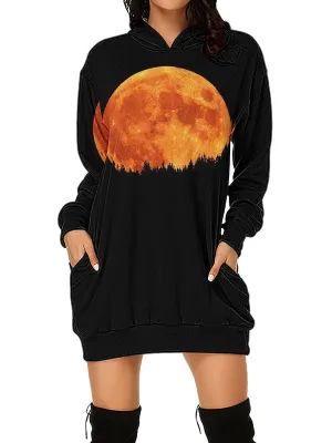 Women Halloween Ancient Moon Graphic Print Hoodies