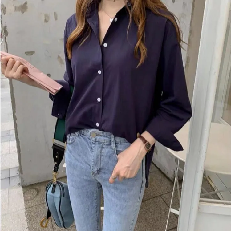 Women Korean Minimalist Trendy Tops Loose Long Sleeved Shirt Blouse