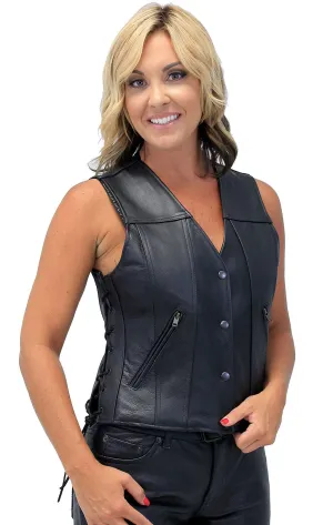 Women's Concealed Pockets Side Lace Ultra Premium Leather Vest #VL2050LK ()