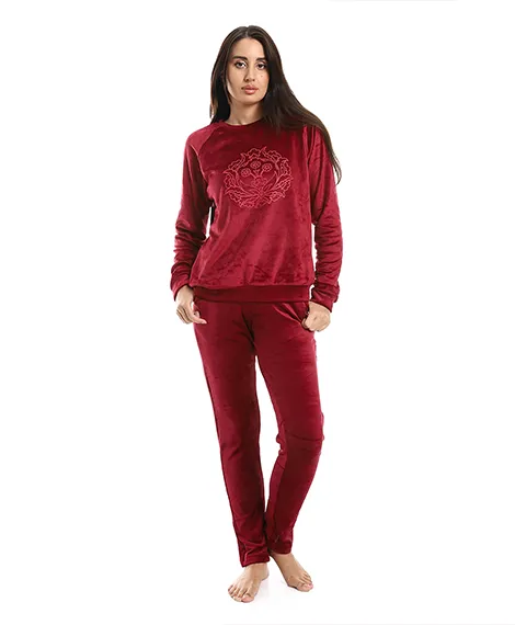 Women's Printed Velor Pajamas - Dark Red