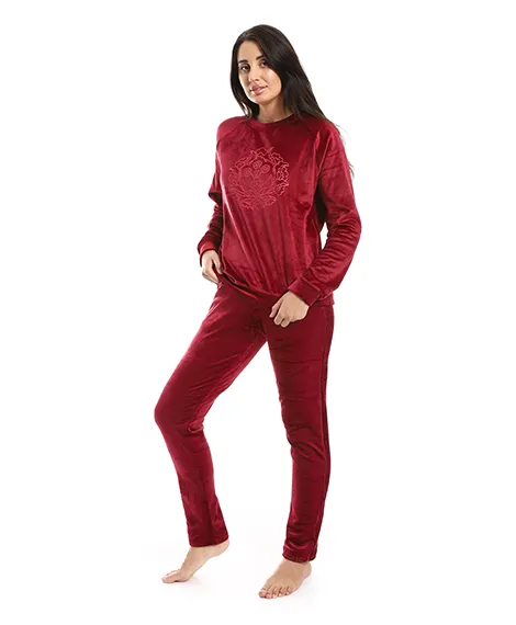 Women's Printed Velor Pajamas - Dark Red