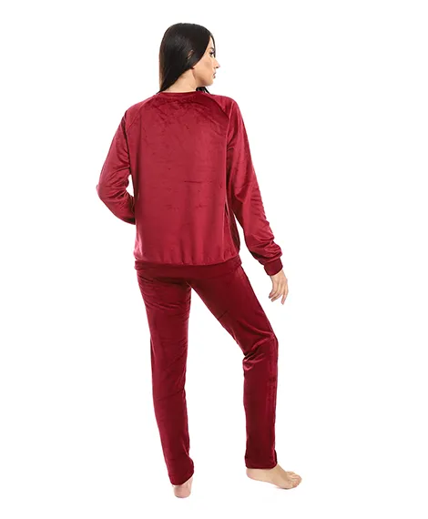 Women's Printed Velor Pajamas - Dark Red