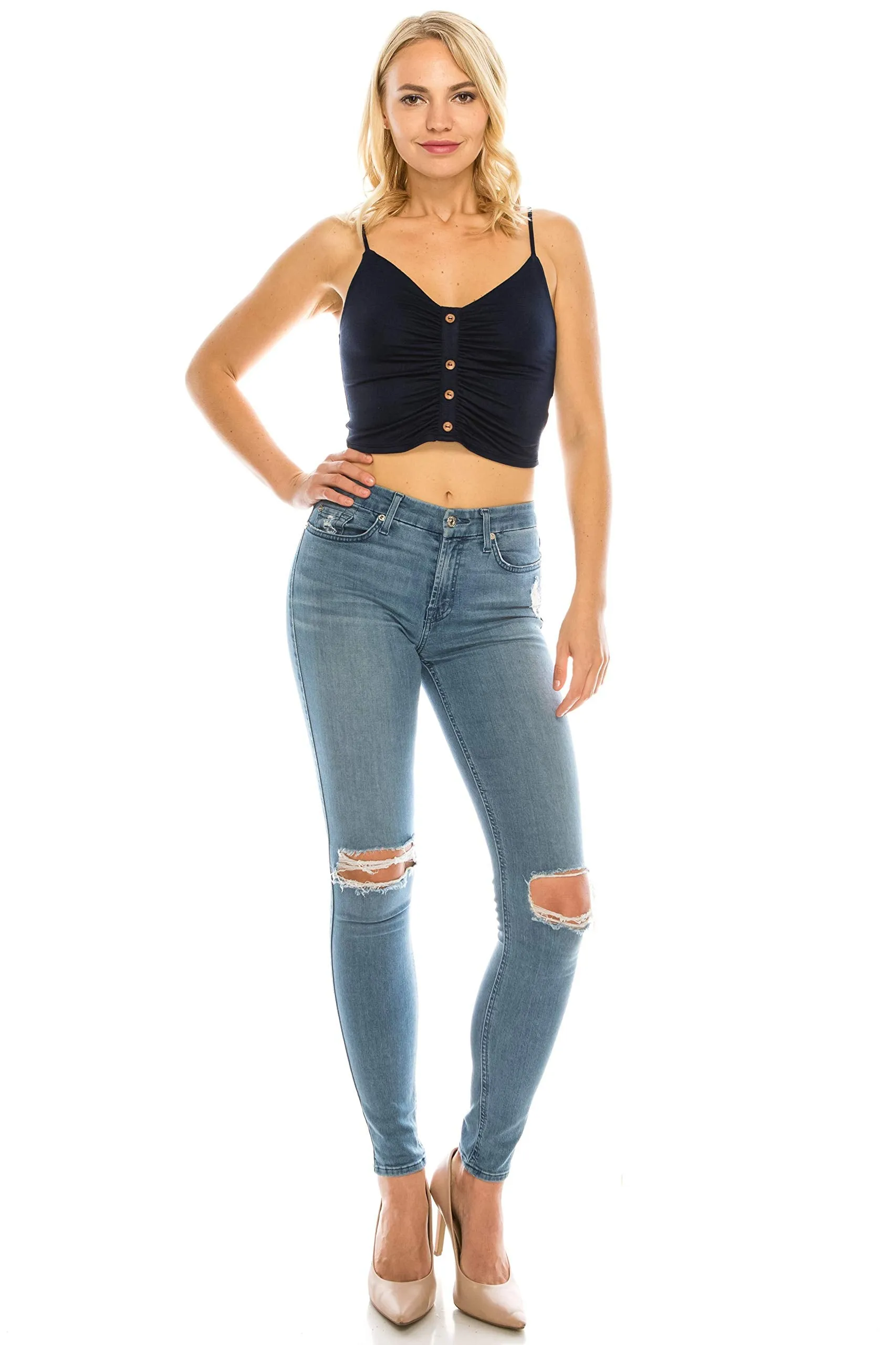 Women's Spaghetti Strap Rayon Ruched Front Tank Crop Top