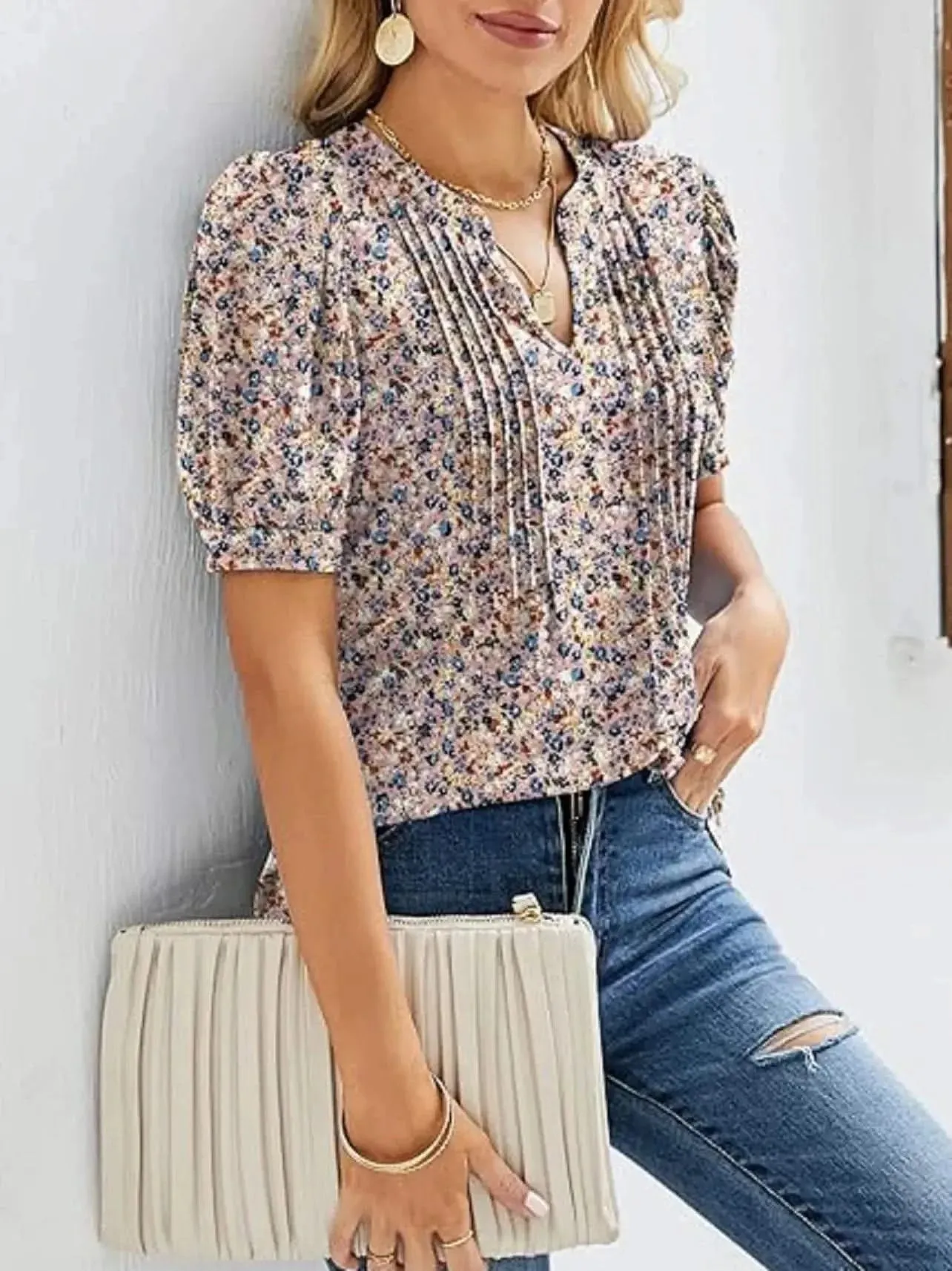 Womens Tunic Tops V Neck Shirts - Summer Puff Pleated Blouse