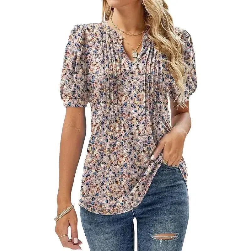 Womens Tunic Tops V Neck Shirts - Summer Puff Pleated Blouse