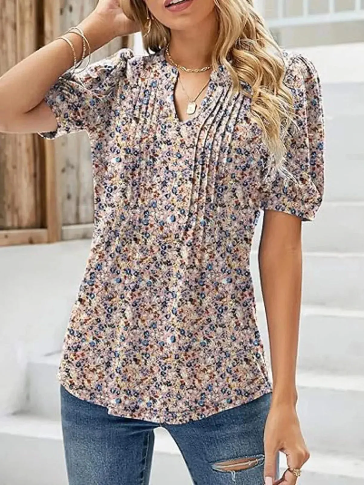 Womens Tunic Tops V Neck Shirts - Summer Puff Pleated Blouse