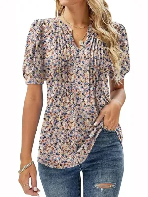 Womens Tunic Tops V Neck Shirts - Summer Puff Pleated Blouse