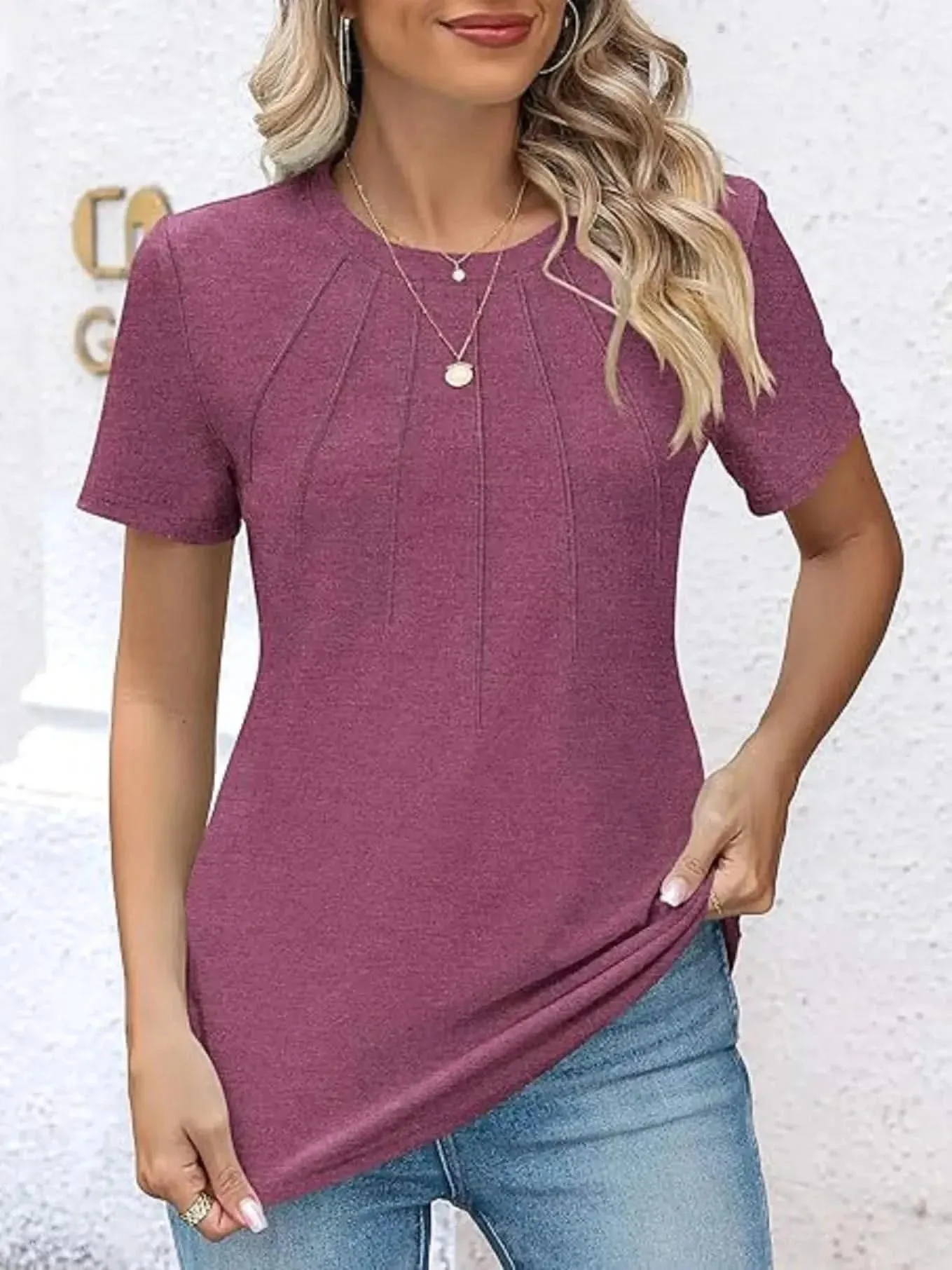 Womens Tunic Tops V Neck Shirts - Summer Puff Pleated Blouse