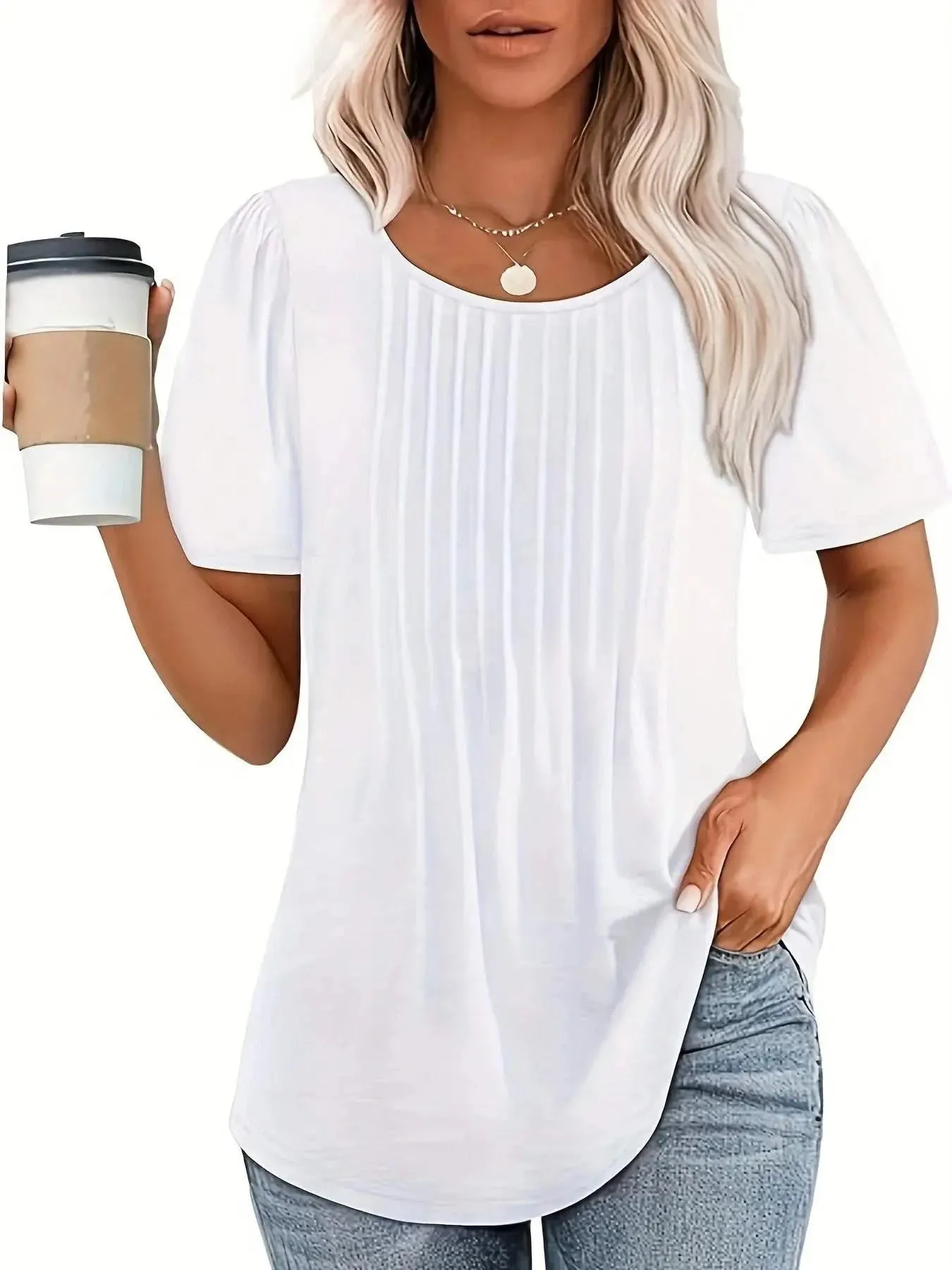 Womens Tunic Tops V Neck Shirts - Summer Puff Pleated Blouse