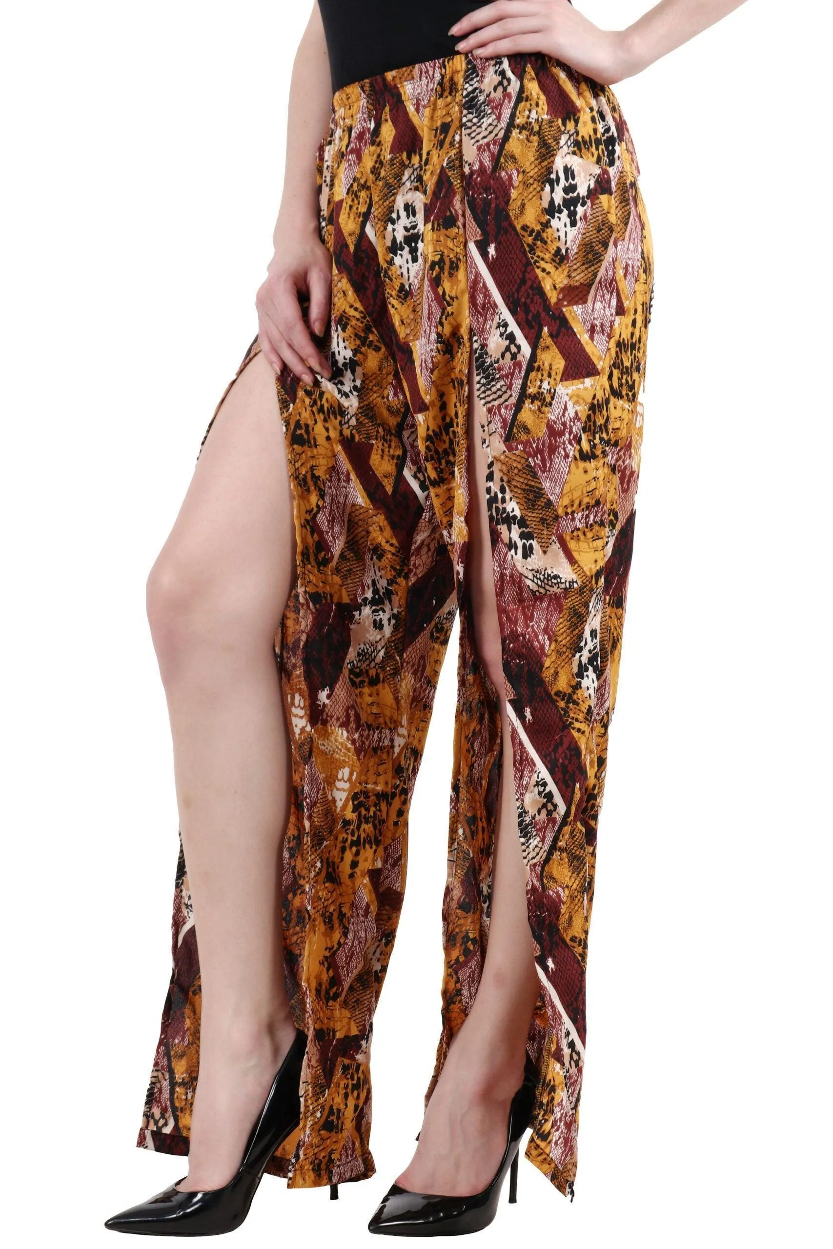 Yellow Abstract Square Printed Front Slit Pyjamas