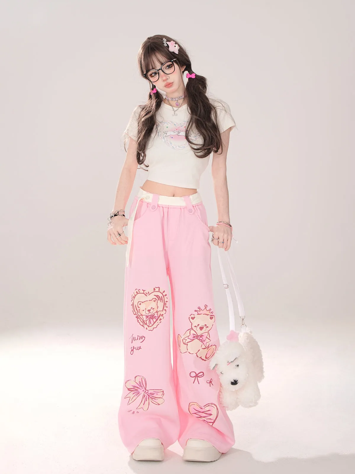 Young Eyes Y2K Cute Teddy Bear Print Cream & Pink Elastic Gathered Pants