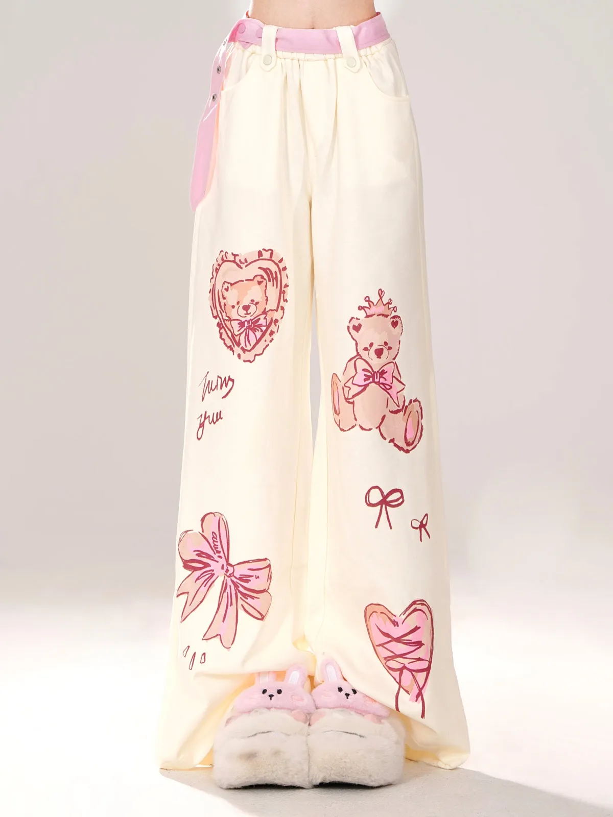 Young Eyes Y2K Cute Teddy Bear Print Cream & Pink Elastic Gathered Pants