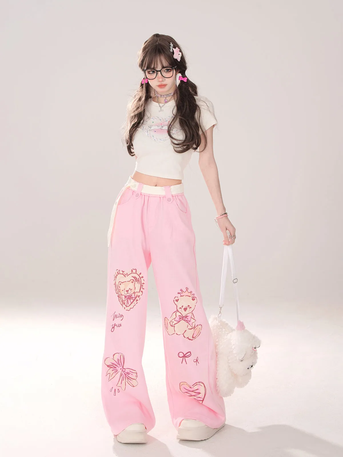 Young Eyes Y2K Cute Teddy Bear Print Cream & Pink Elastic Gathered Pants