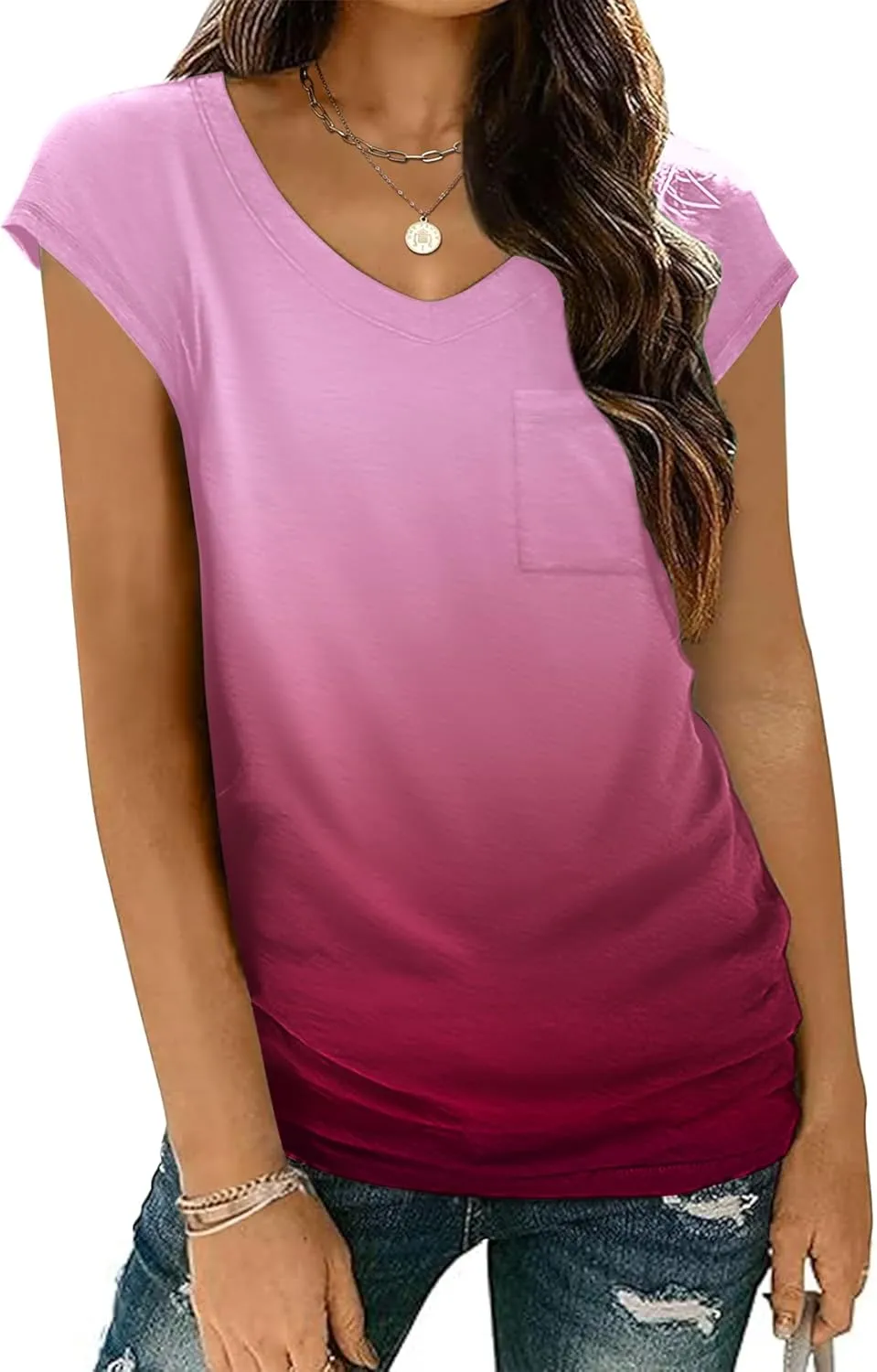 Zeagoo Womens Cap Sleeve V Neck T Shirts with Pocket